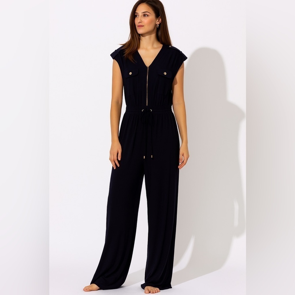 EMMA & MICHELE Wide Leg Navy Stretchy Jumpsuit Size Large